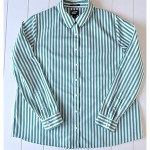 Lands End Striped 100% Cotton Button Front Shirt Collared Green White Size 18